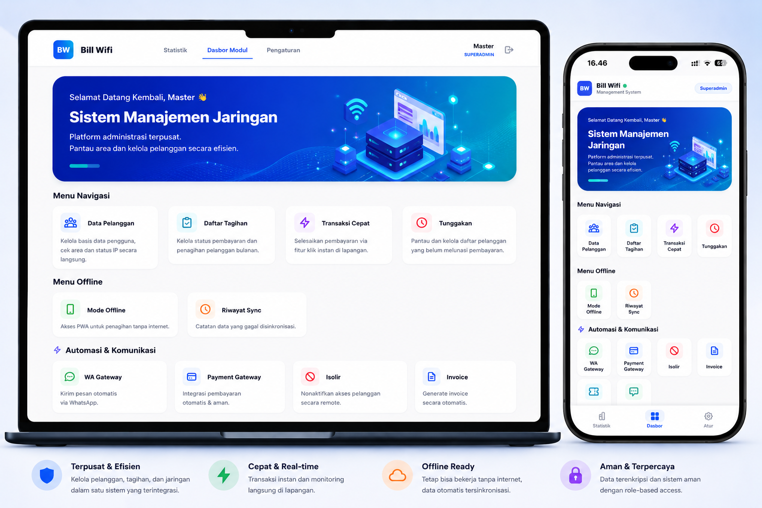 Bill Wifi - Preview Antarmuka Dashboard & Mobile PWA
